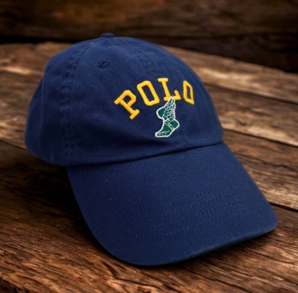 Polo Ralph Lauren P-Wing Foot Navy Adjustable Hat Leather Strap EUC Rare